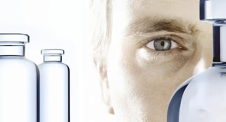 Man looking at three clear pharmaceutical glass vials made by SCHOTT