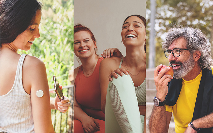 Eine Collage zeigt eine Person mit Gesundheitssensor, zwei Menschen in Sportkleidung und eine Person, die einen Apfel isst.