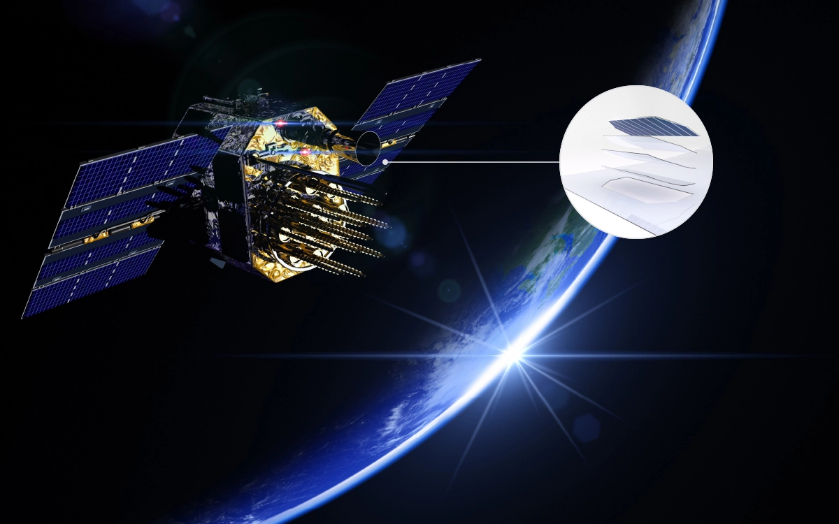 Satellite plus with an illustration showing where the new solar cell cover glass is used.