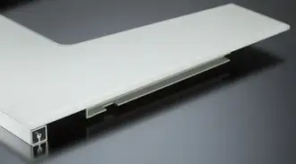 U-shaped refrigerator shelf with a smooth white glass surface and integrated metal frame on a dark background.