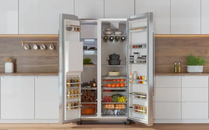 Open a modern refrigerator with glass panels in a sleek kitchen, stocked with fresh fruits, vegetables, jars, and cookware.