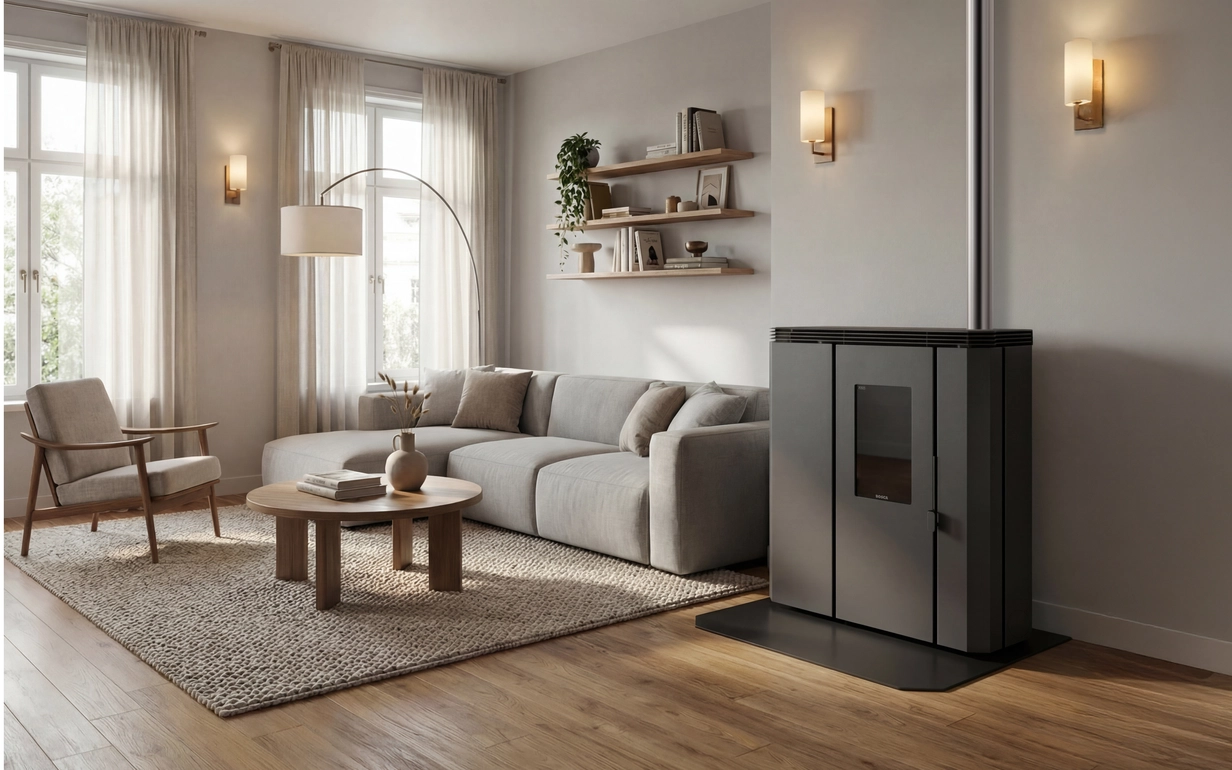 Pellet fireplace Fit + from the black vision line by Bosca in a modern, beige living room.