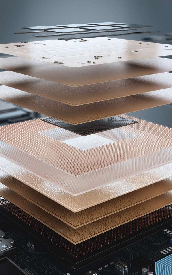 3D exploded view of a glass-core based semiconductor chip demonstrating how glass enables ultra-flat, precise structuring for advanced chip designs with high interconnect density, electrical insulation, and thermal stability.