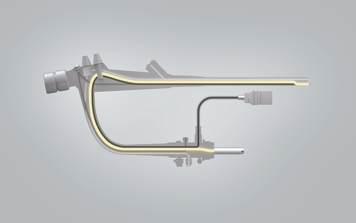 Angled rigid endoscope showing optical pathways for improved visibility