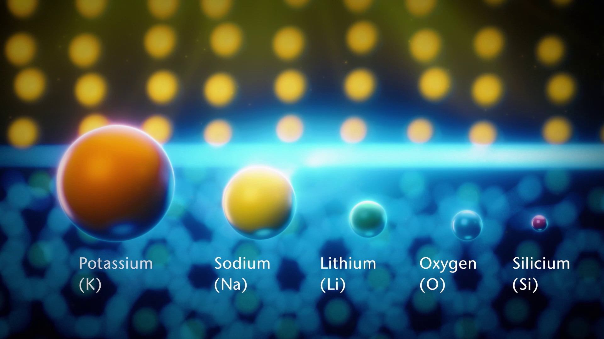 Das Bild zeigt verschiedene chemische Elemente wie Potassium, Sodium oder Lithium.