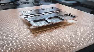 3D visualization looking closely at the ultra flatness and high-density interconnects of advanced IC substrates.