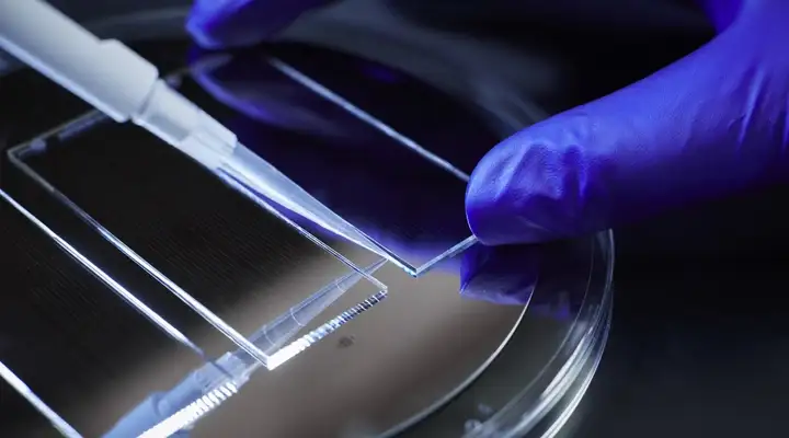 Gloved hand placing a glass slide on a scanner