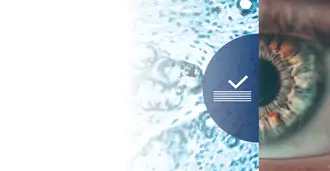 Image of an eye alongside microscopic view of tissue sample with tick icon