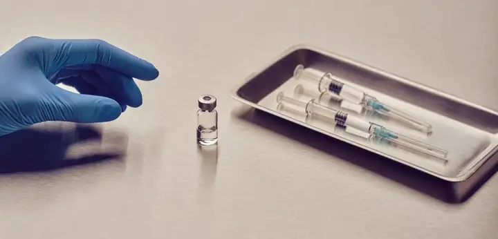 Gloved hand reaching toward a small vial beside two syringes on a metal tray