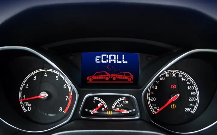 Dashboard display of a vehicle indicating a collision