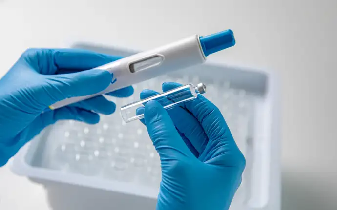 Hands wearing cleanroom gloves hold a large-volume, ready-to-use cartridge. In the background is a so-called nest containing cartridges.