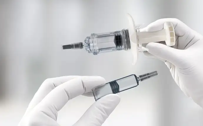 Two gloved hands holding medical syringe components in a clean, blurred background.