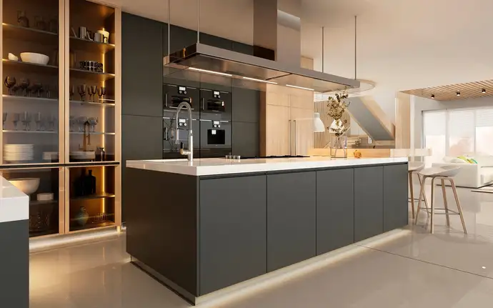 Modern luxury kitchen interior with matt dark cabinets, large island, integrated appliances, and warm ambient lighting