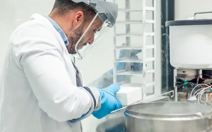 A scientist holds a container.