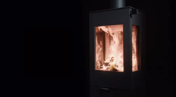 Black fireplace with roaring fire behind a fire-viewing panel