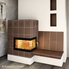 Indoor fireplace surrounded by brown tiles with SCHOTT ROBAX® angular bent fire-viewing panel