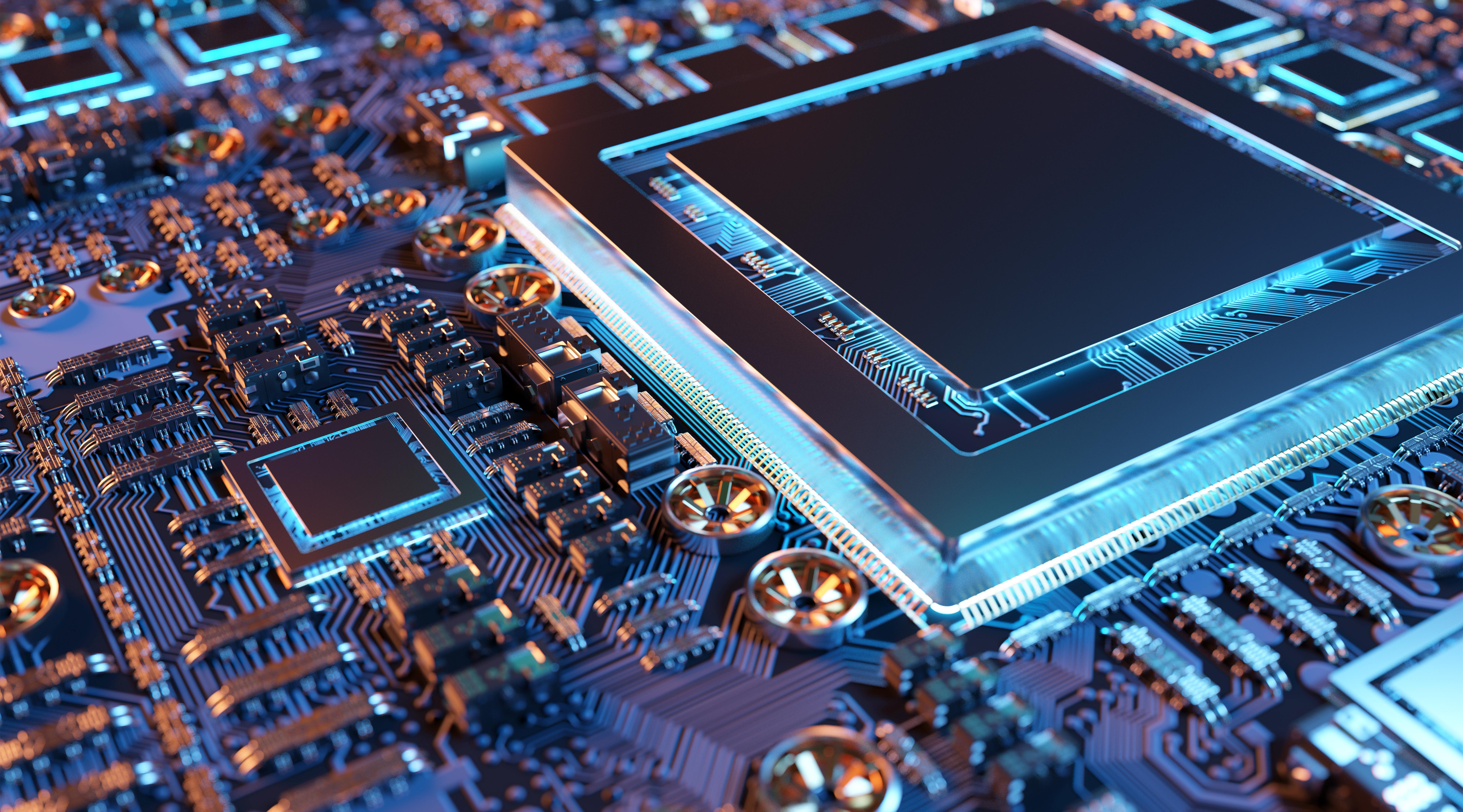 	Close up of a circuit board with semiconductor in blue light