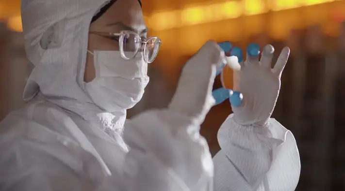 Person in a white protective suit handling a small blue-capped vial.