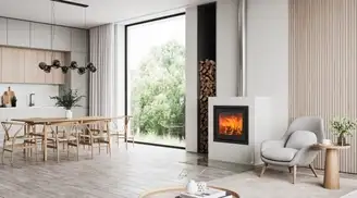 Bright Scandinavian living-dining area with Lotus stove featuring ROBAX® NightFlame and modern wooden furniture.