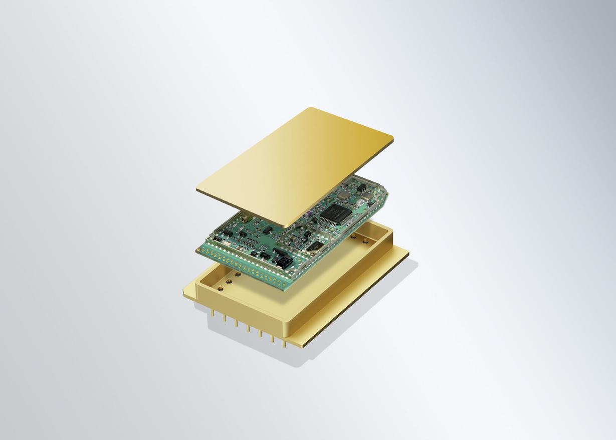 An electronic component placed between the microelectronic packages from SCHOTT against a white background