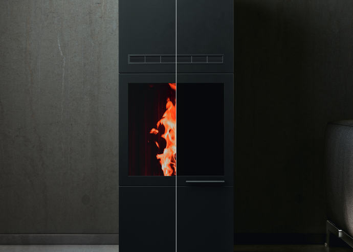 Vista de una estufa de pellets equipada con SCHOTT ROBAX® NightView, con llamas y sin llamas