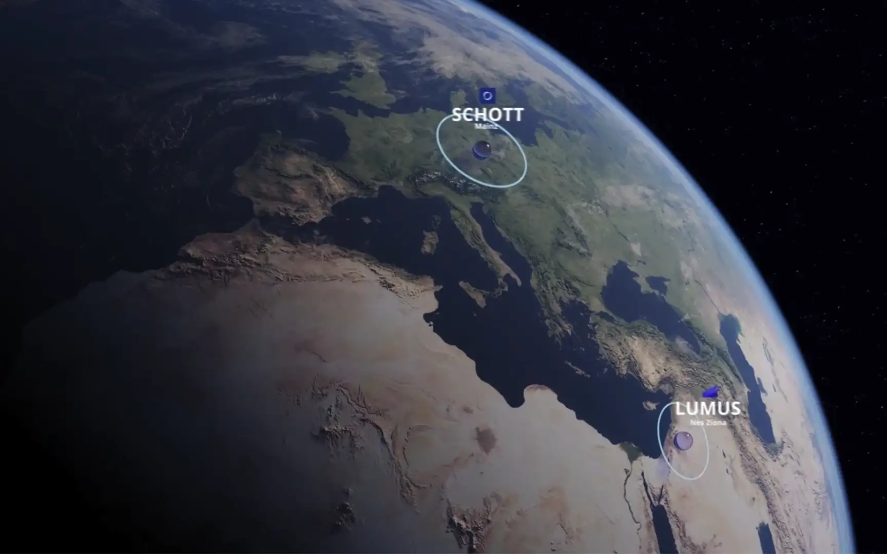 World map that shows the partnership headquarters from SCHOTT and Lumus