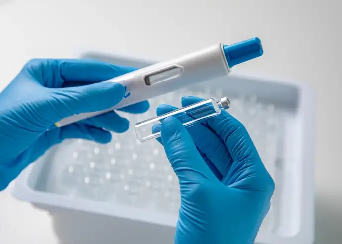 Hands wearing cleanroom gloves hold a large-volume, ready-to-use cartridge. In the background is a so-called nest containing cartridges.