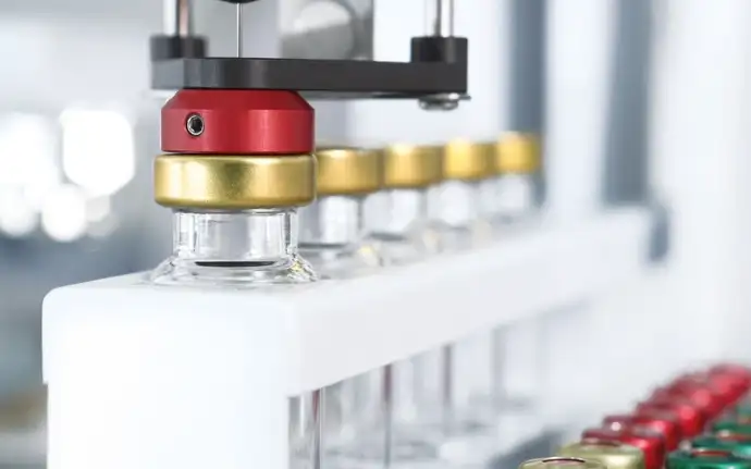 A row of pharmaceutical vials in a laboratory