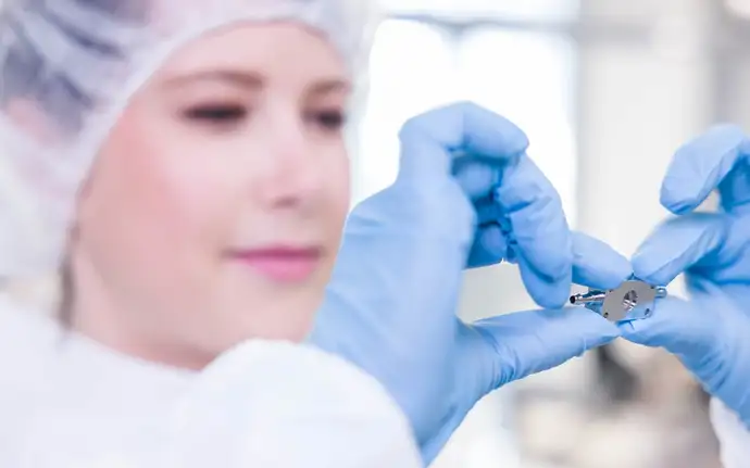 A woman in a cleanroom examines the ViewCell™ flow cell.