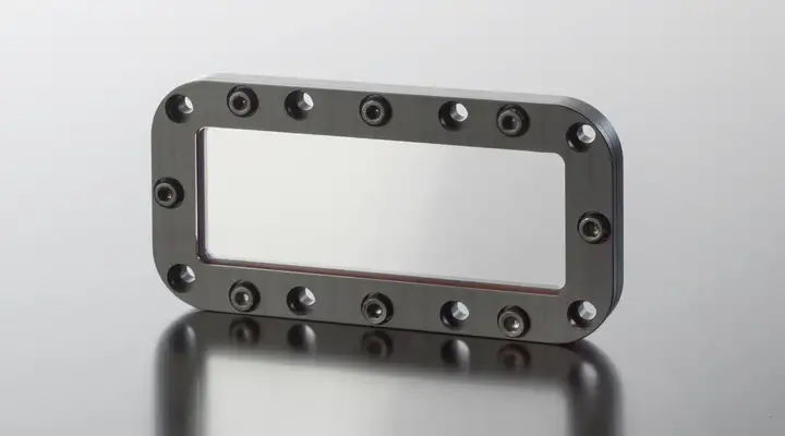 Single rectangular protective window with bolt holes on a reflective surface.