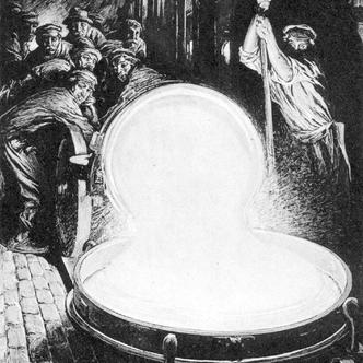 Illustration of molten glass being poured into a mold