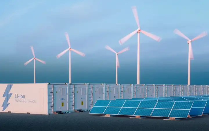 Series of large Li-Ion batteries underneath five wind turbines