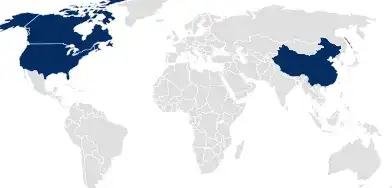 Weltkarte mit USA, Kanada und China blau hinterlegt