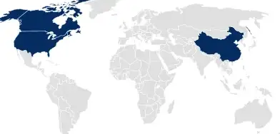 World map with the USA, Canada, and China highlighted in blue