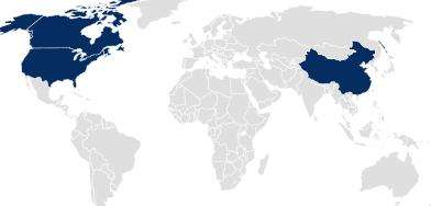 World map with the USA, Canada, and China highlighted in blue