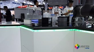 Series of laboratory equipment on modular units at trade show