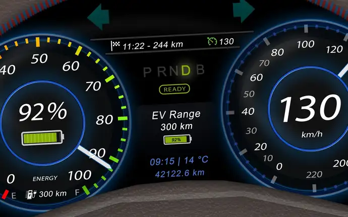 Digitales Dashboard-Display im Inneren eines Elektrofahrzeugs