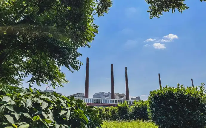 A SCHOTT Pharma manufacturing facility surrounded by trees and bushes