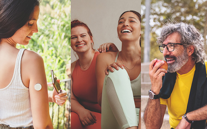 Eine Collage zeigt links eine Person mit einem Gesundheitsmessgerät am Arm, in der Mitte zwei Personen in Sportkleidung und rechts eine Person, die einen Apfel isst.