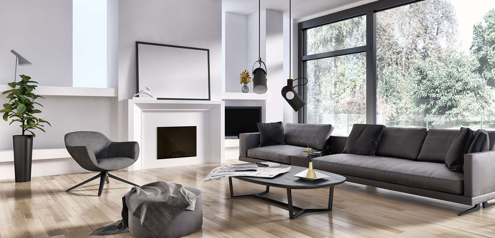 Sala moderna con muebles grises y chimenea