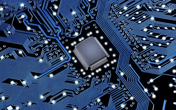 Blue circuit board with series of microchips