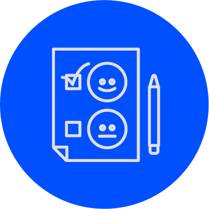 Ein Icon zeigt ein Blatt mit zwei Auswahlfeldern sowie einem lächelnden und einem traurigen Smiley daneben.
