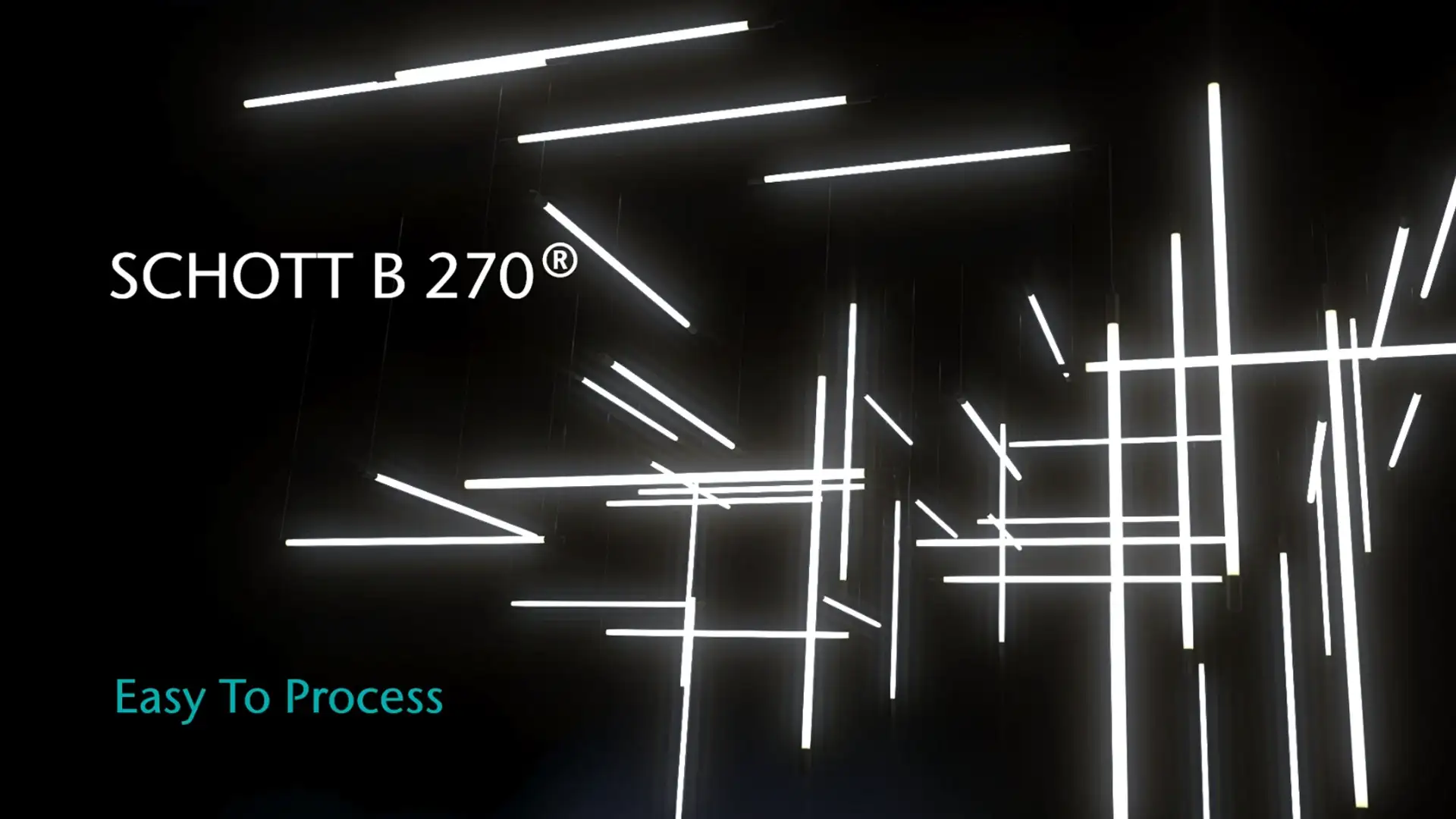 Muitos tubos fluorescentes brancos flutuando em diferentes níveis em ângulos retos um em relação ao outro em uma sala escura. Na frente, paira um texto: "SCHOTT B 270® - Fácil de processar.