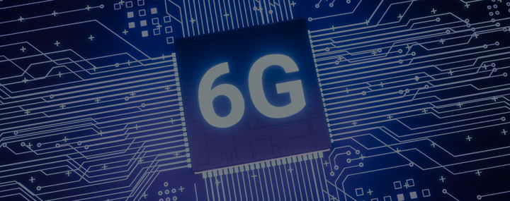 Illustration of circuit board with 6G computer chip in centre