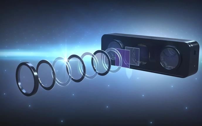 Automotive ADAS camera and LiDAR module with optical elements illustrating precise light control in external sensing systems