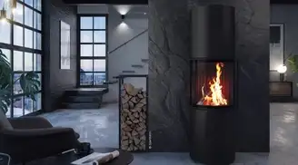 Sparthem fireplace with ROBAX® NightFlame curved glass-ceramic in an elegant modern living space with natural stone wall and firewood storage