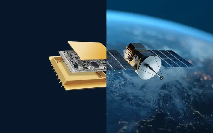 Illustration showing a chip inside metal hermetic packaging and a satellite in space.