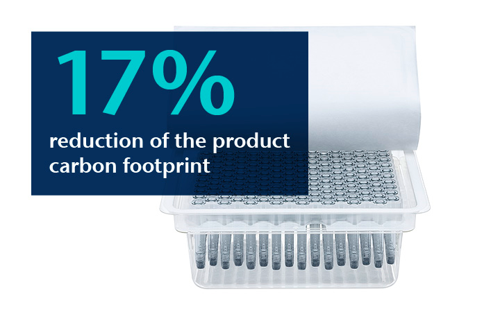 Open tub of the SCHOTT TOPPAC® Nest 160 system filled with 1 ml polymer syringes