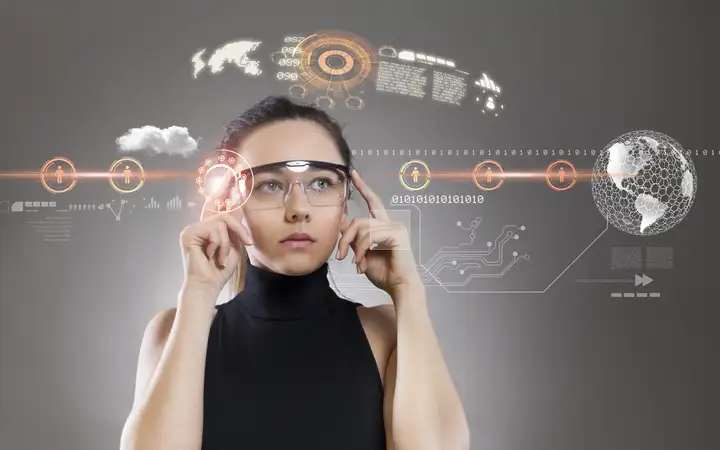Young female wearing AR glasses surrounded by images and text