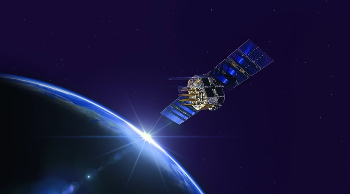 Satellite orbiting above Earth with sunlight on the horizon